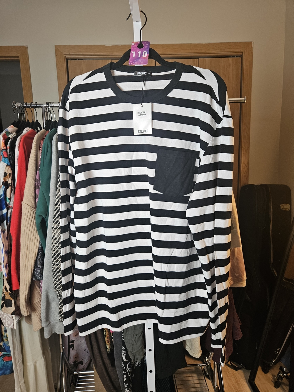 Striped Black & White Long Sleeve Pocket Shirt